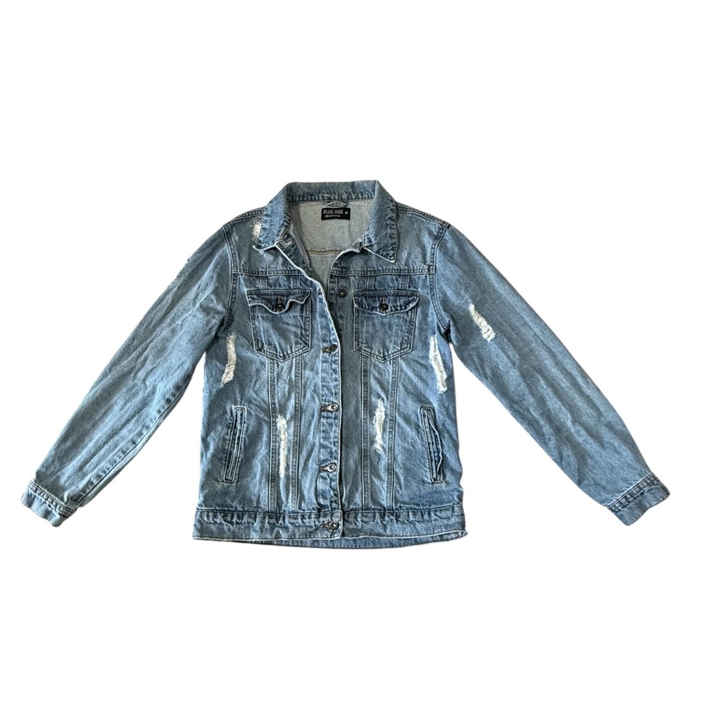 Blue Age Jeans USA Womens Distressed Denim Trucker Jacket Light Wash Blue Size M